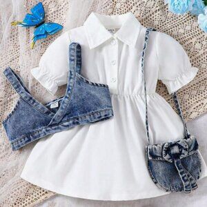 *NEW* SHEIN Baby Girl Denim Suspender And Puff Sleeve Dress Sz. 2-3Y
